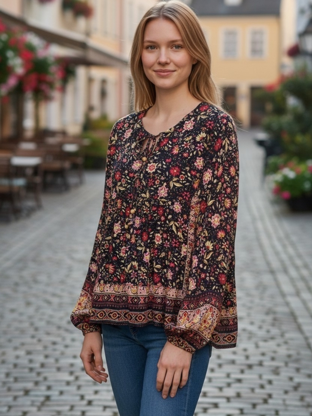 Floral Border Peasant Blouse - Black Multi In EUC